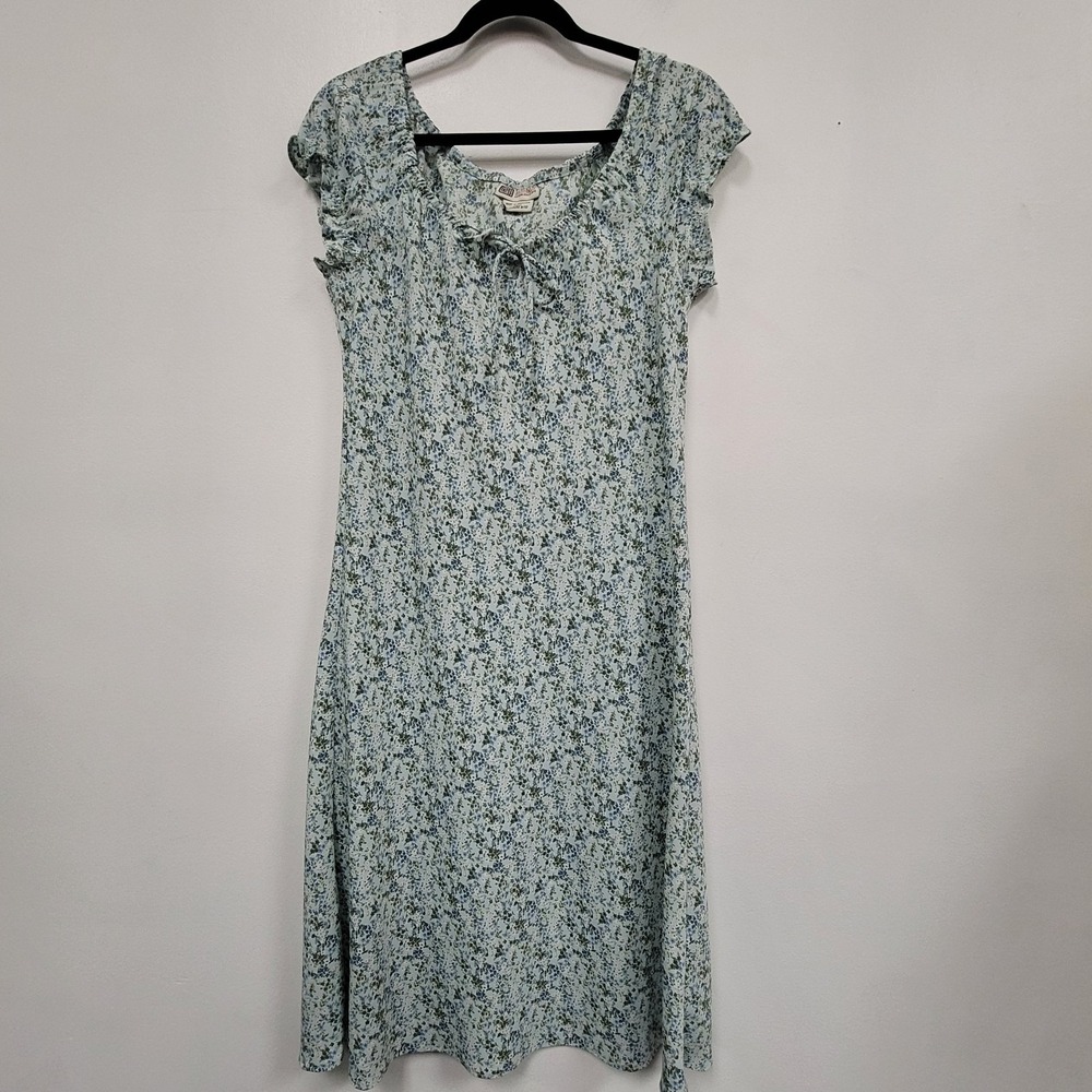 Faded Glory Vintage Y2K Midi Dress Size M Blue Dainty Floral Bow Cap Sleeve Bias
